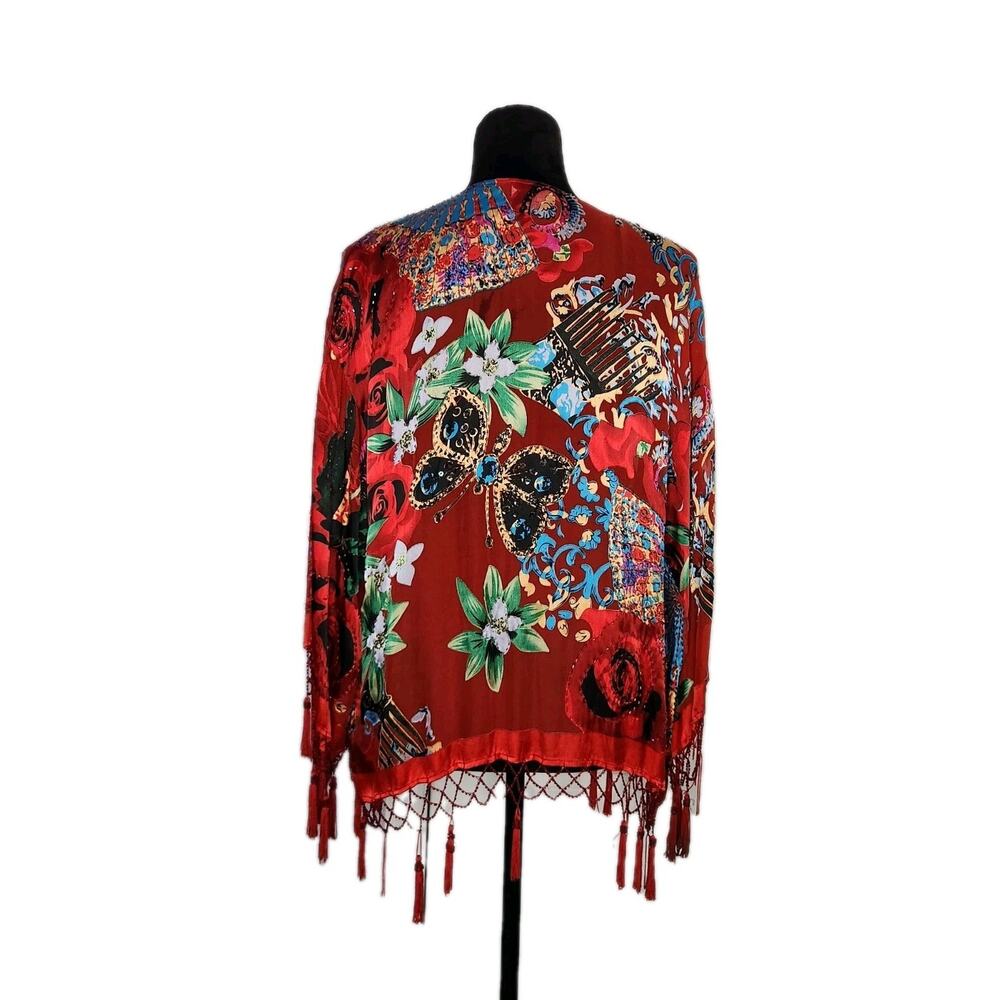 Aria A Vintage Beaded Tassels Silk Blend Floral Kimono Red Multicolor Gipsy Boho - Picture 3 of 9